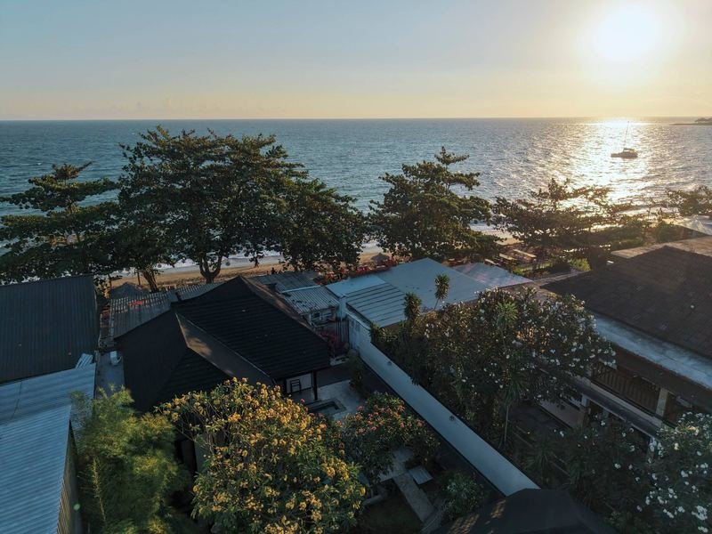 Sunset over the sea and treetops, seen from above