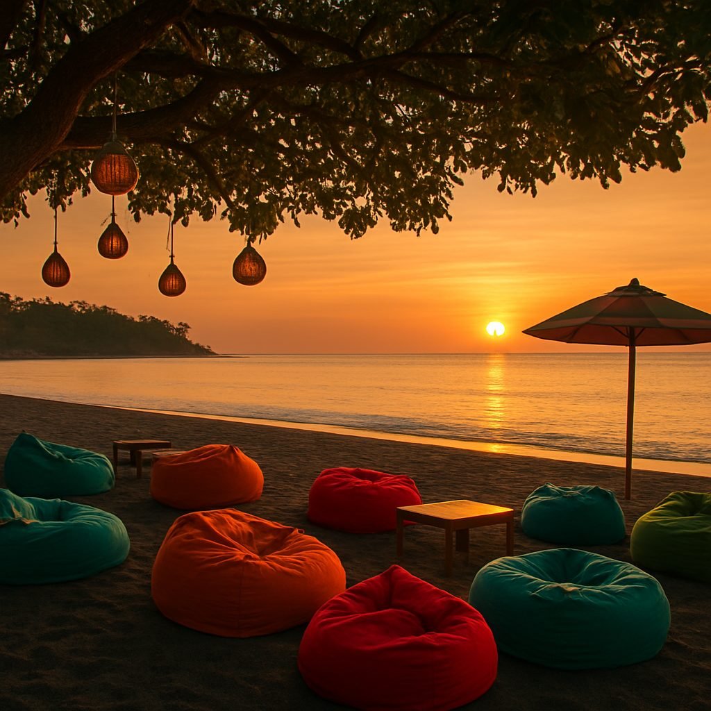 Beachfront bean-bag lounge at JOJE Bungalows at sunset